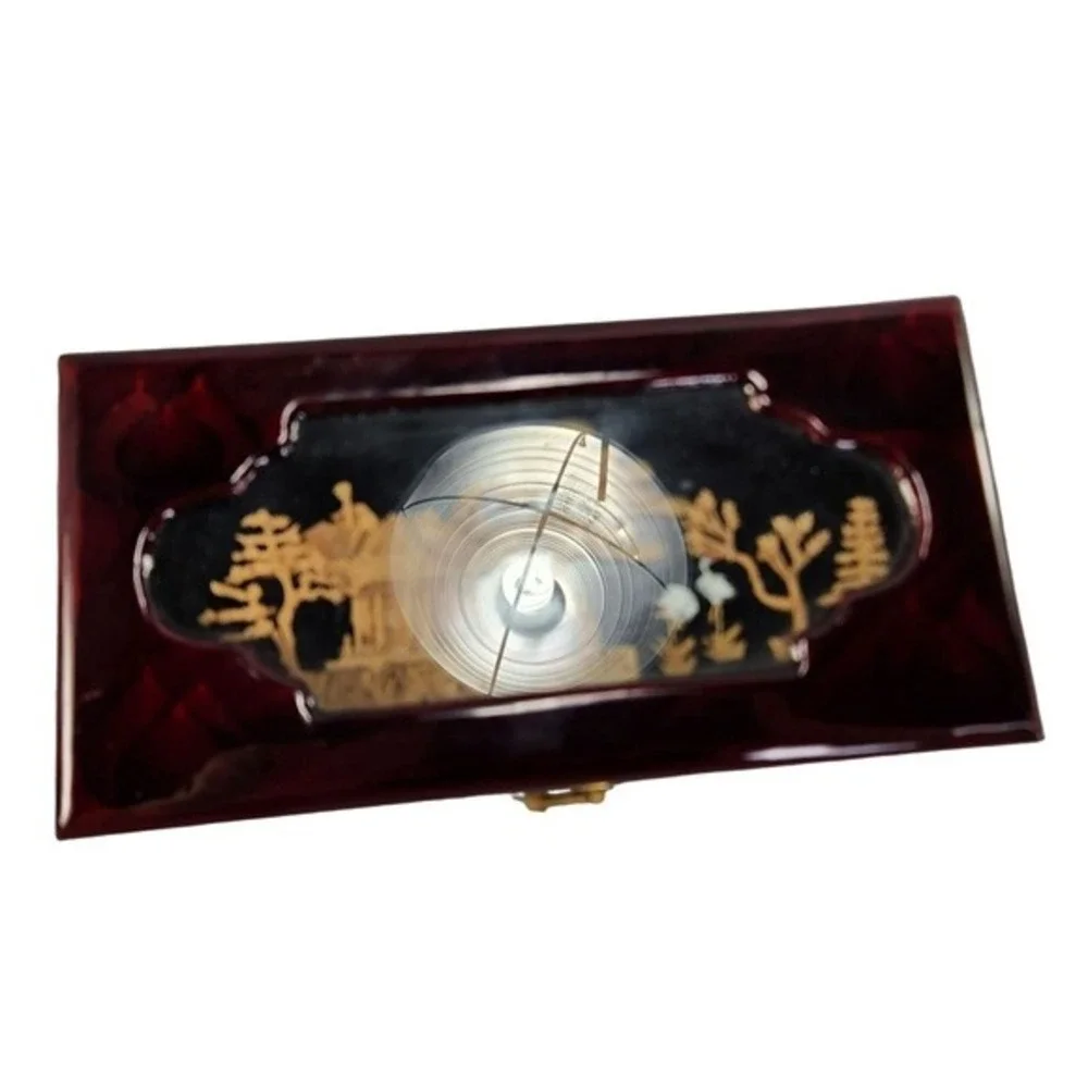 Lacquered Wood Jewelry Box Cork Diorama Pagoda Cranes Footed‎ Trinket Box READ